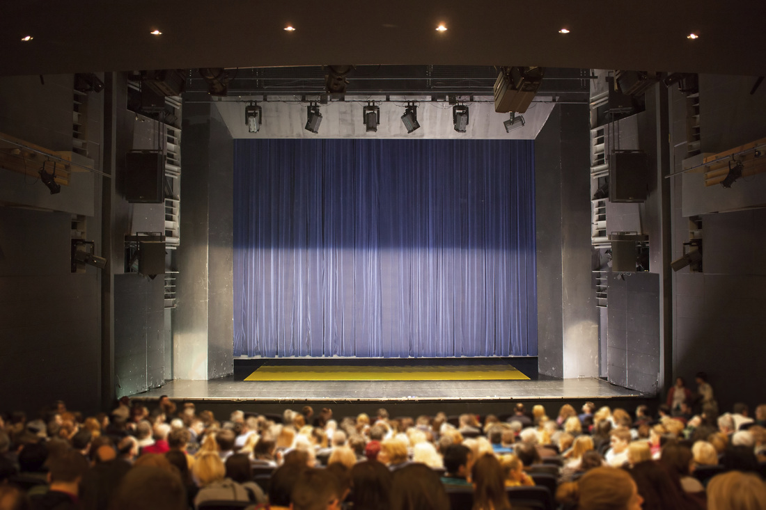 A phograph taking from the back balcony of a theater facing a proscenium stage. You can see many rows of the audience as well as the lighting elements out side the stage area.